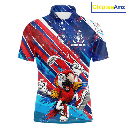 Funny Parrot Golfer Blue & Red Golf Polo Shirts For Men Custom Parrot Golf Team Outfit Golf Gifts NYN3966