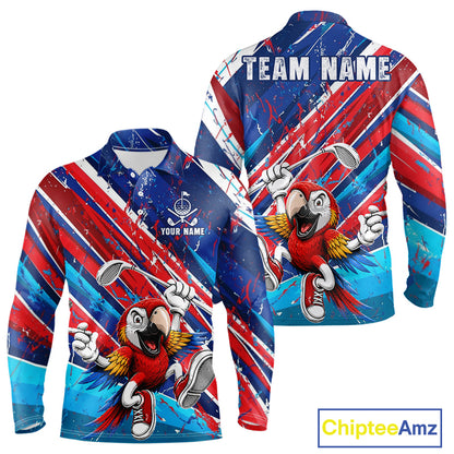 Funny Parrot Golfer Blue & Red Golf Polo Shirts For Men Custom Parrot Golf Team Outfit Golf Gifts NYN3966