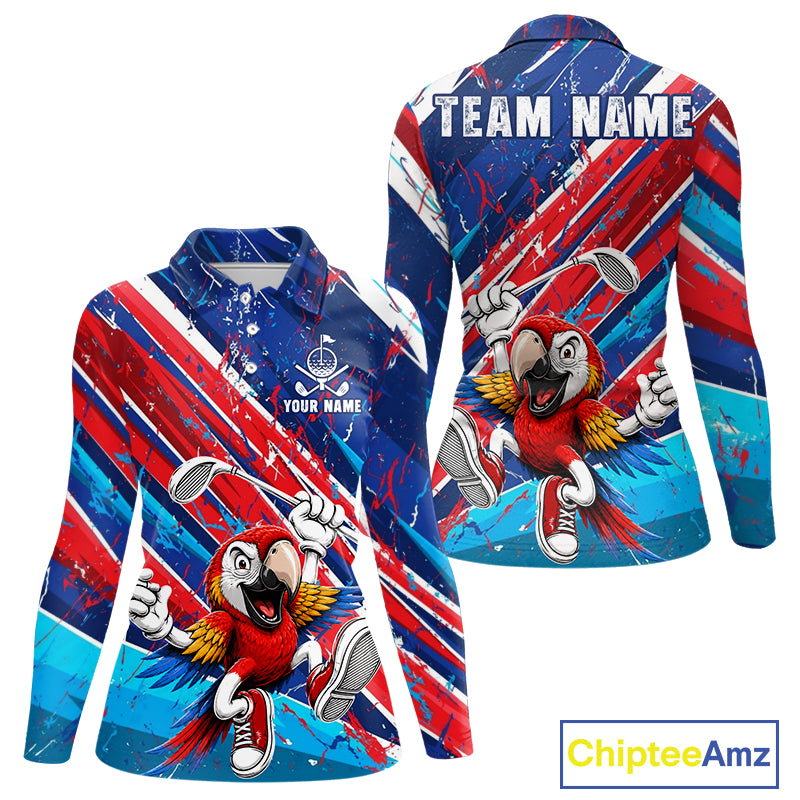 Funny Parrot Golfer Blue & Red Golf Polo Shirts For Womens Custom Parrot Golf Team Outfit Golf Gifts NYN3966