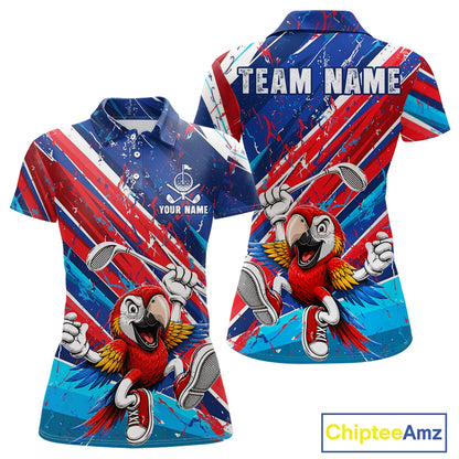 Funny Parrot Golfer Blue & Red Golf Polo Shirts For Womens Custom Parrot Golf Team Outfit Golf Gifts NYN3966