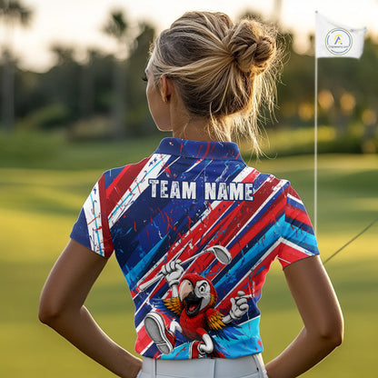 Funny Parrot Golfer Blue & Red Golf Polo Shirts For Womens Custom Parrot Golf Team Outfit Golf Gifts NYN3966