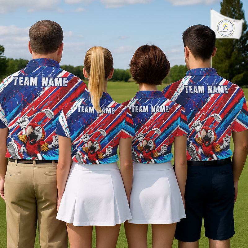 Funny Parrot Golfer Blue & Red Golf Polo Shirts For Men Custom Parrot Golf Team Outfit Golf Gifts NYN3966