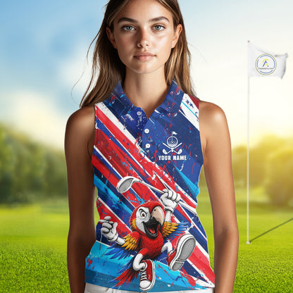 Funny Parrot Golfer Blue & Red Golf Sleeveless Polo Shirts For Womens Custom Parrot Golf Team Outfit Golf Gifts NYN3966