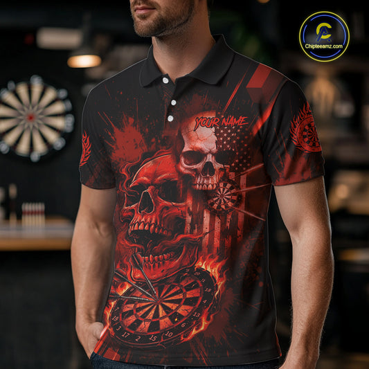 Custom Red Smokes Grunge Skull Men Darts Polo Shirt US Flag Skull Dart League Jerseys NYN2123