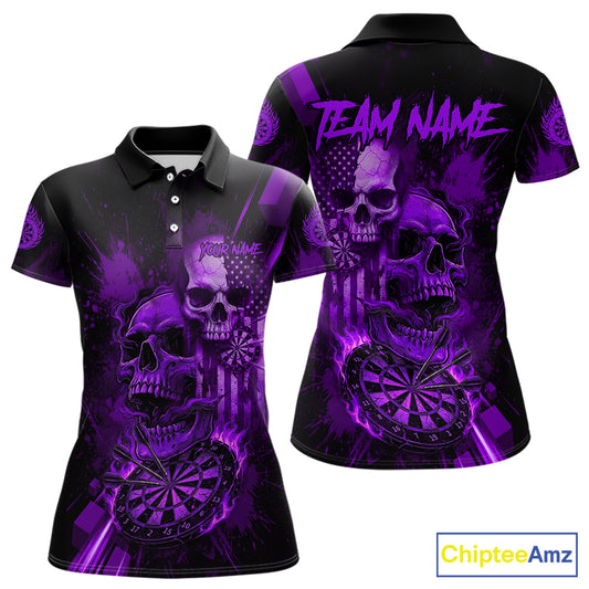 Custom Purple Smokes Grunge Skull Women Darts Polo Shirt US Flag Skull Dart League Jerseys NYN2124