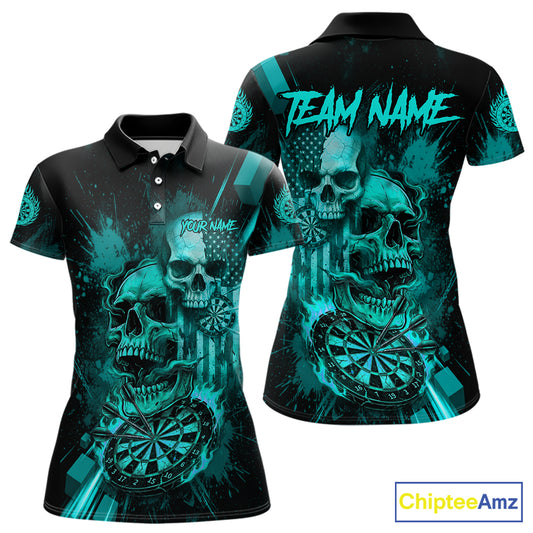 Custom Turquoise Smokes Grunge Skull Women Darts Polo Shirt US Flag Skull Dart League Jerseys NYN2125