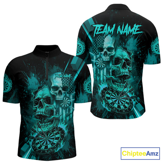 Custom Turquoise Smokes Grunge Skull Men Darts Quarter- Zip Shirt US Flag Skull Dart League Jerseys NYN2125