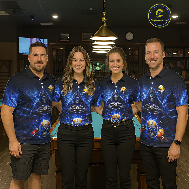 Blue Flames Grim Reaper Pool 8 Ball & 9 Ball Billiard Shirt For Women Custom Billiard Team Jerseys NYN2630