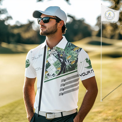 Custom Name Green Tropical Golf Mens Polo Shirt, White Golf Jerseys Best Floral Golf Gifts NYN2993