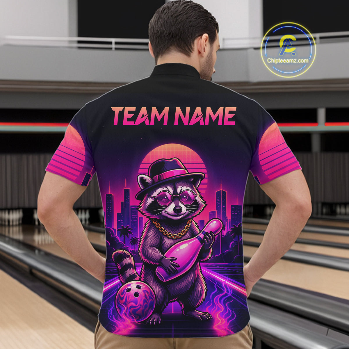 Funny Rich Raccoon Bowling Shirts For Men Custom Neon Bowling Polo & Quarter-Zip Jerseys NYN3415