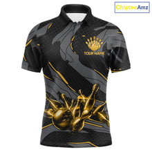 Load image into Gallery viewer, Men's bowling polo featuring grey and yellow lightning strike graphics, personalized bowling apparel for motorsport fans, cyclists, esports players and league bowlers, symbolizing optimism, creativity, intelligence and resilience.