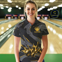 Load image into Gallery viewer, Female bowler wearing grey yellow bowling jersey during league competition, athletic apparel representing optimism, resilience and ambition.