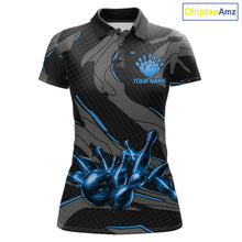 Load image into Gallery viewer, Women's bowling polo featuring grey and blue lightning strike graphics, personalized bowling apparel for technology lovers, esports fans and science enthusiasts, symbolizing clarity, discipline, intelligence and confidence.
