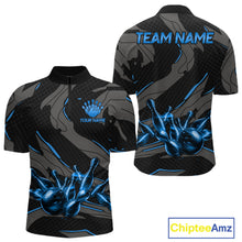 Load image into Gallery viewer, Men's quarter-zip bowling jersey featuring grey blue strike graphics, breathable tournament apparel symbolizing precision, teamwork and championship success.
