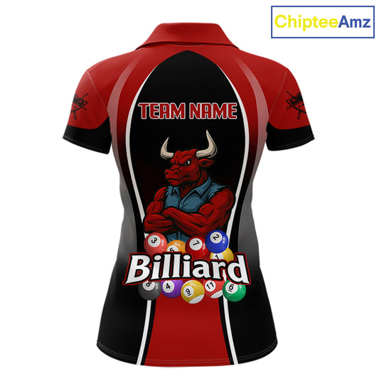 Red Funny Bull Pool Balls Women Billiard Polo & 1/4-Zip Apparel Custom Billiard Shirt Designs NYN2408