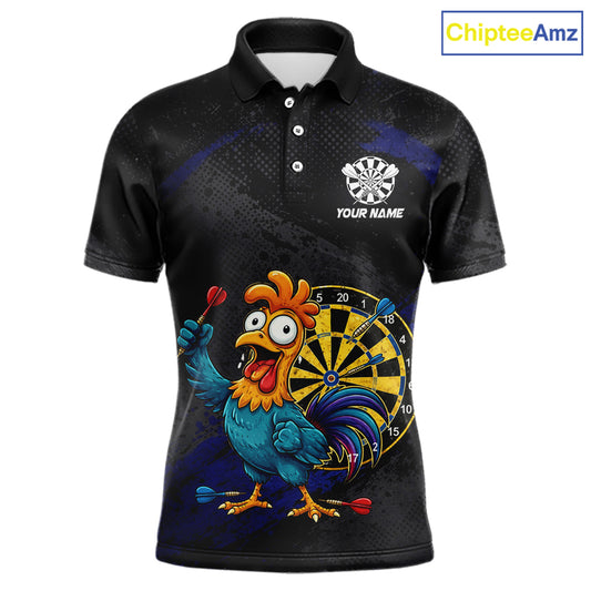 Colorful Rooster Funny Men Darts Polo & 1/4-Zip Shirt Custom Grunge Blue Dart Attire For Darters NYN3004