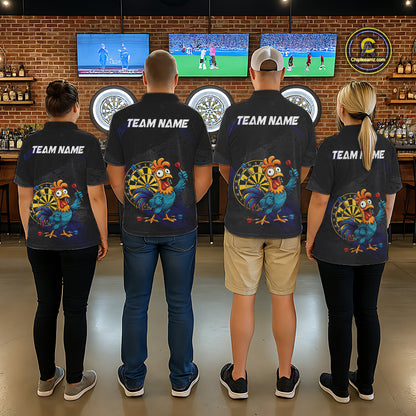 Colorful Rooster Funny Women Darts Polo & 1/4-Zip Shirt Custom Grunge Blue Dart Attire For Darters NYN3004