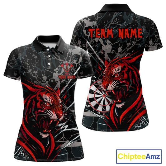 Custom Women's Darts Polo Shirt Fierce Tiger & Dartboard - Personalized Name & Team NYN0711