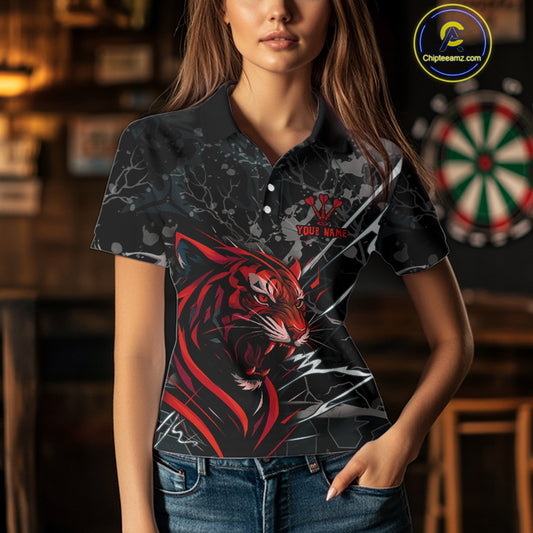 Custom Women's Darts Polo Shirt Fierce Tiger & Dartboard - Personalized Name & Team NYN0711