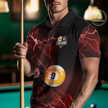 Load image into Gallery viewer, Male model wearing Thunder Lightning Red custom billiard polo, 8 Ball 9 Ball pool team jersey, cue sports championship apparel, league uniform
