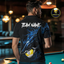 Load image into Gallery viewer, Male model wearing Funny Shark Blue pool polo jersey, custom billiard apparel, 8 Ball 9 Ball cue sports shirt, bar league championship uniform