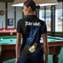 Load image into Gallery viewer, Female model wearing Funny Shark women's billiard polo, custom pool team jersey, cue sports apparel, tournament clothing, fun player gift