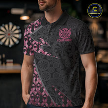 Load image into Gallery viewer, Male model wearing Black &amp; Pink Ribbon Grunge darts polo, personalized charity tournament jersey, awareness darts apparel, vintage athletic clothing, league performance shirt