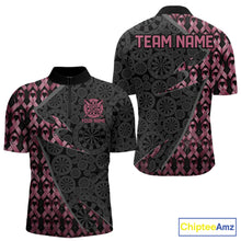 Load image into Gallery viewer, Men's Black &amp; Pink Ribbon Grunge quarter-zip darts shirt featuring distressed ribbon artwork, personalized tournament jersey, custom awareness sports apparel