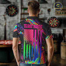 Load image into Gallery viewer, Male model wearing Psychedelic US Flag darts polo, colorful tournament jersey, patriotic athletic apparel, personalized championship sportswear