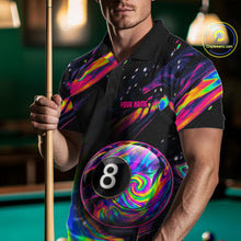 Load image into Gallery viewer, Male model wearing holographic 8 Ball billiard polo, custom pool team jersey, cue sports apparel, championship tournament clothing
