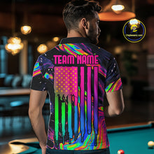 Load image into Gallery viewer, Male model wearing holographic 8 Ball billiard polo, custom pool team jersey, cue sports apparel, championship tournament clothing