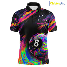 Load image into Gallery viewer, Colorful Holographic men's 8 Ball billiard polo jersey, custom pool team shirt, cue sports tournament apparel, professional league uniform