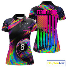 Load image into Gallery viewer, Colorful Holographic women's 8 Ball pool polo shirt, custom billiard tournament jersey, rainbow cue sports apparel, personalized team uniform, championship clothing