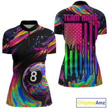 Load image into Gallery viewer, Women's holographic quarter zip 8 Ball pool jersey featuring colorful iridescent artwork, custom billiards championship apparel, cue sports team clothing