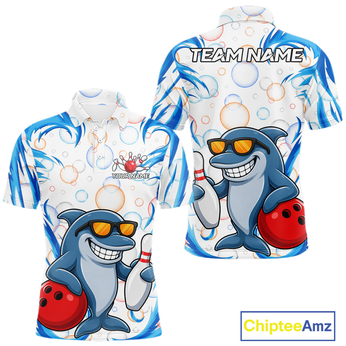 White & Blue Bubbles Funny Dolphin Bowling Polo Quarter-Zip Shirt For Men Custom Bowling Team Shirt NYN3975