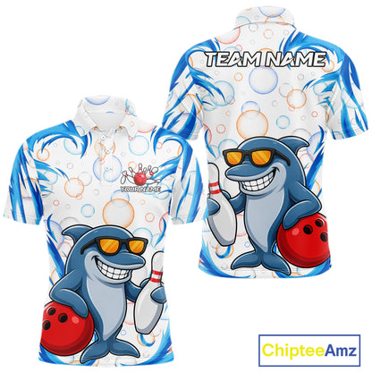 White & Blue Bubbles Funny Dolphin Bowling Polo Quarter-Zip Shirt For Men Custom Bowling Team Shirt NYN3975