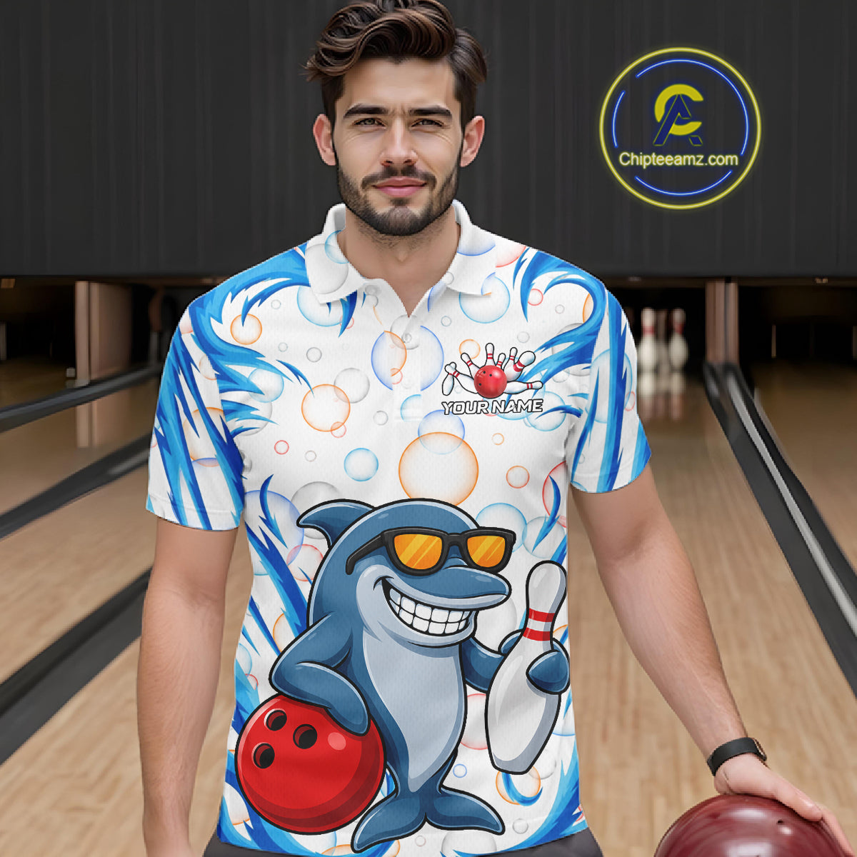 White & Blue Bubbles Funny Dolphin Bowling Polo Quarter-Zip Shirt For Men Custom Bowling Team Shirt NYN3975
