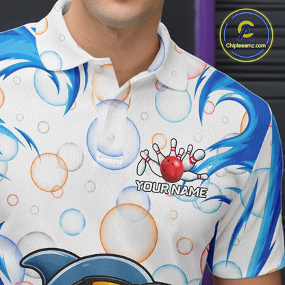 White & Blue Bubbles Funny Dolphin Bowling Polo Quarter-Zip Shirt For Men Custom Bowling Team Shirt NYN3975