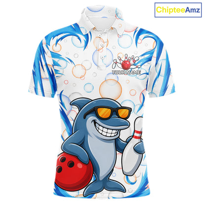 White & Blue Bubbles Funny Dolphin Bowling Polo Quarter-Zip Shirt For Men Custom Bowling Team Shirt NYN3975