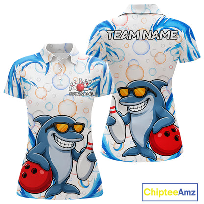 White & Blue Bubbles Funny Dolphin Bowling Polo Quarter-Zip Shirt For Women Custom Bowling Team Shirt NYN3975
