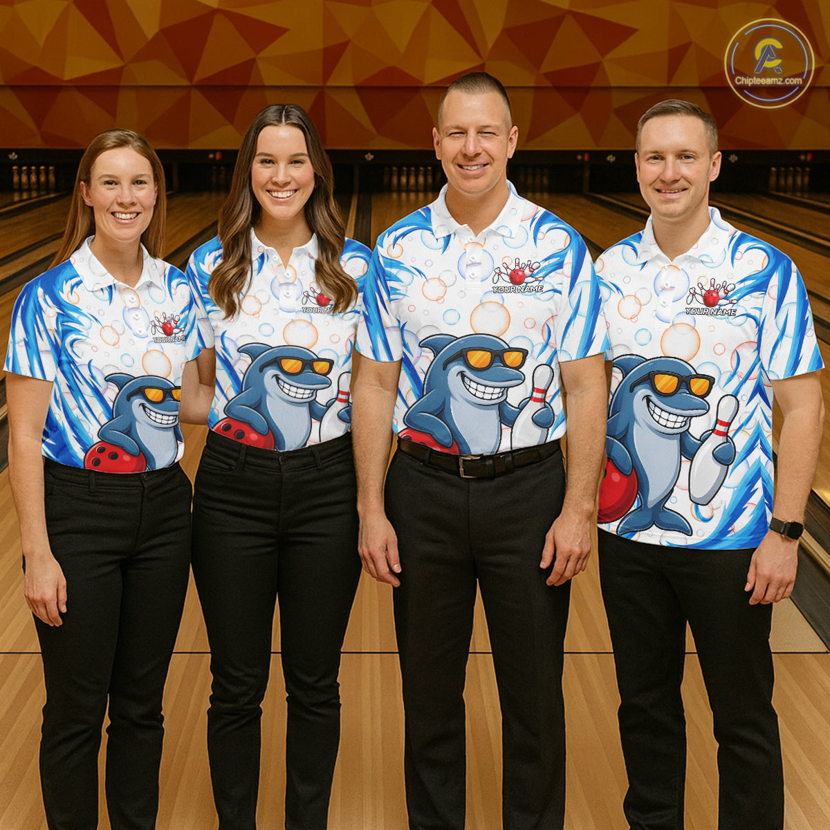 White & Blue Bubbles Funny Dolphin Bowling Polo Quarter-Zip Shirt For Men Custom Bowling Team Shirt NYN3975