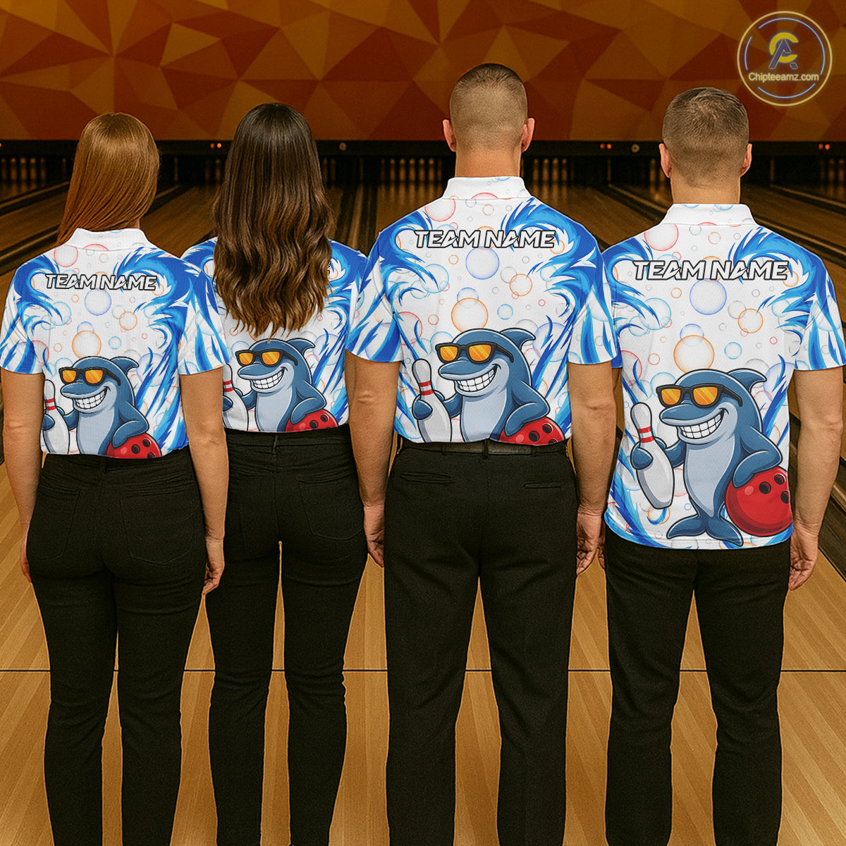 White & Blue Bubbles Funny Dolphin Bowling Polo Quarter-Zip Shirt For Men Custom Bowling Team Shirt NYN3975