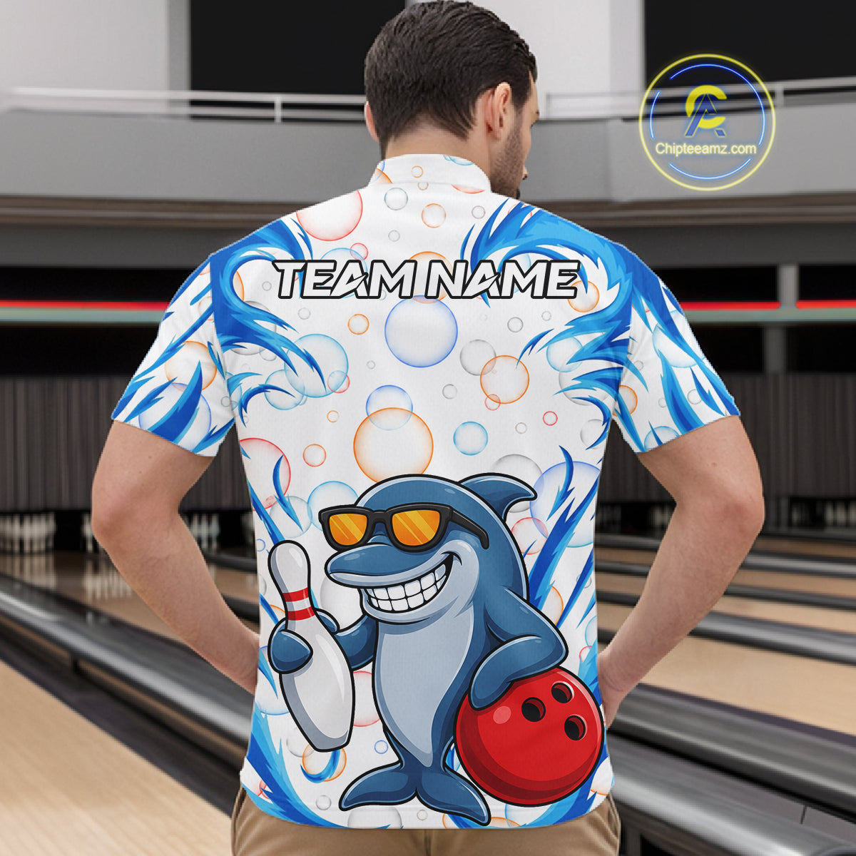 White & Blue Bubbles Funny Dolphin Bowling Polo Quarter-Zip Shirt For Men Custom Bowling Team Shirt NYN3975