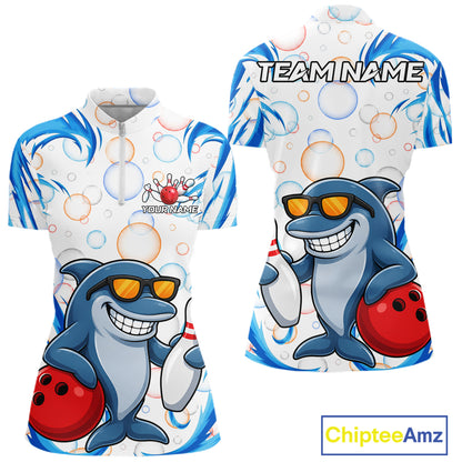 White & Blue Bubbles Funny Dolphin Bowling Polo Quarter-Zip Shirt For Women Custom Bowling Team Shirt NYN3975