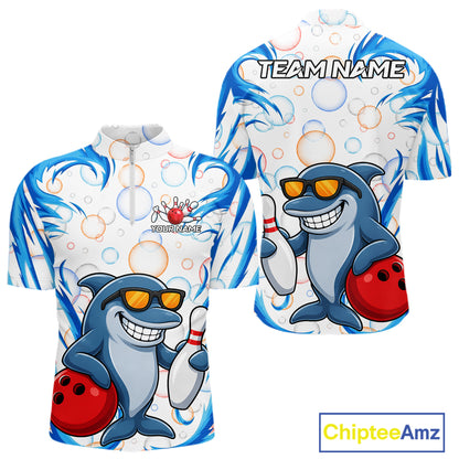 White & Blue Bubbles Funny Dolphin Bowling Polo Quarter-Zip Shirt For Men Custom Bowling Team Shirt NYN3975
