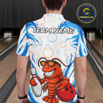 White & Blue Bubbles Funny Lobster Bowling Polo Quarter-Zip Shirt For Men Custom Bowling Team Shirt NYN3976