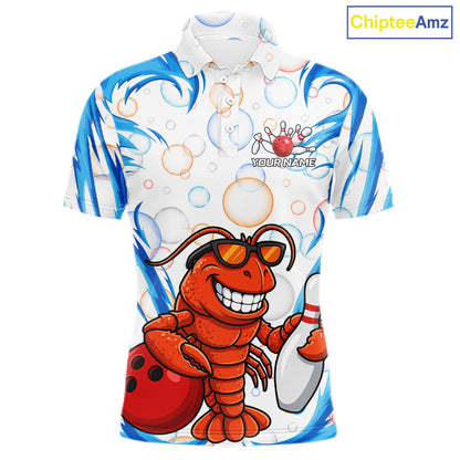 White & Blue Bubbles Funny Lobster Bowling Polo Quarter-Zip Shirt For Men Custom Bowling Team Shirt NYN3976