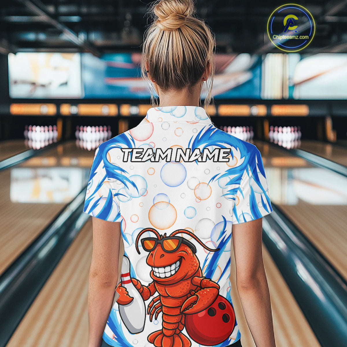 White & Blue Bubbles Funny Crab Bowling Polo Quarter-Zip Shirt For Women Custom Bowling Team Shirt NYN3977
