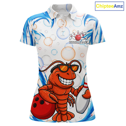 White & Blue Bubbles Funny Lobster Bowling Polo Quarter-Zip Shirt For Women Custom Bowling Team Shirt NYN3976