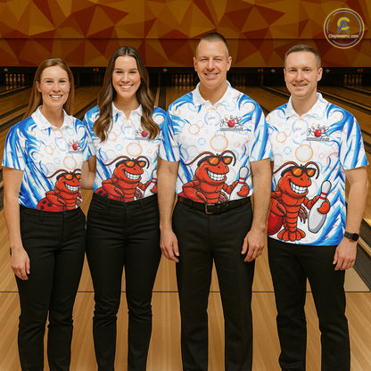 White & Blue Bubbles Funny Lobster Bowling Polo Quarter-Zip Shirt For Men Custom Bowling Team Shirt NYN3976
